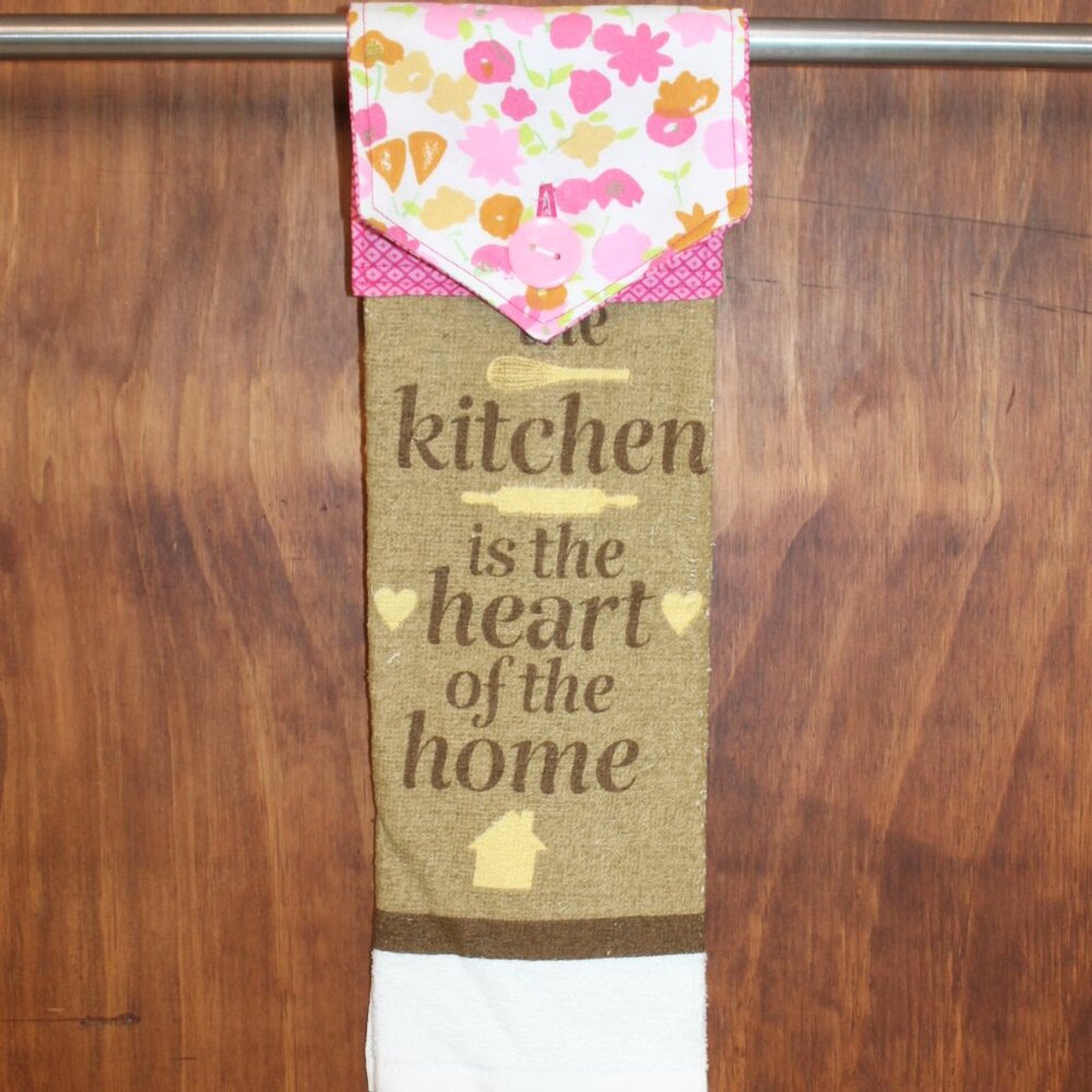 "THE KITCHEN IS HEART..." HAND TOWEL TAN & PINK FLORAL KITCHEN HANDMADE HANGING